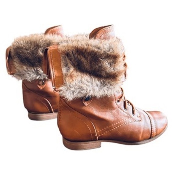 Bumper Womens Tan Faux Leather Lace Up Fur Lined Combat Boots Ankle Mid Calf - Picture 5 of 12